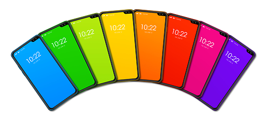 Image showing Rainbow colorful smartphone set banner. Isolated on white. 3D re