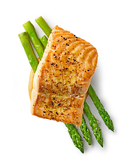 Image showing roasted salmon steak and asparagus