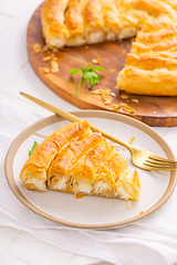 Image showing Traditional feta cheese phyllo pastry pie, borek or burek