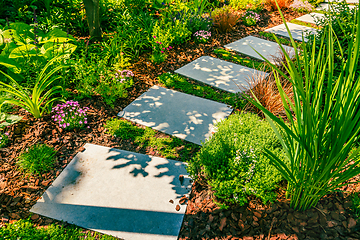 Image showing Detail of  garden path with stone slabs with bark mulch and native plants. Landscaping and gardening concept.