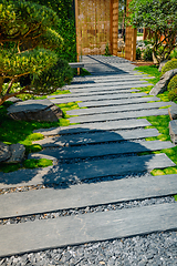 Image showing Detail of slate path with bark mulch and native plants in Japanese garden. Landscaping and gardening concept.