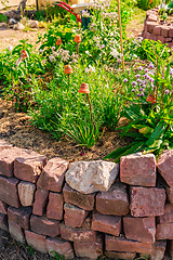 Image showing Herb spiral made of bricks for a small garden with sorrel, garlic mustard and chives