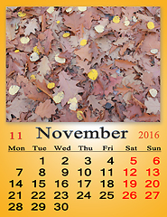 Image showing calendar for November 2016 with yellow leaves