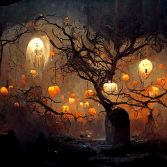 Image showing Pumpkins In Graveyard In The Spooky Night - Halloween Backdrop.