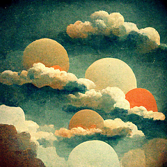 Image showing Cloudscape, blue sky with clouds and suns, retro art style.