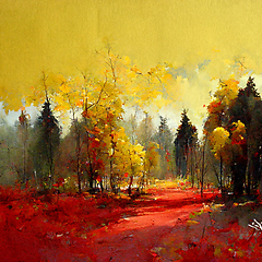 Image showing Autumn forest landscape. Colorful watercolor painting of fall se