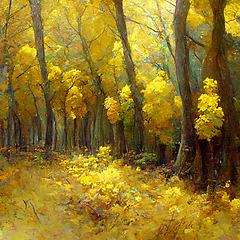 Image showing Autumn forest landscape. Colorful watercolor painting of fall se