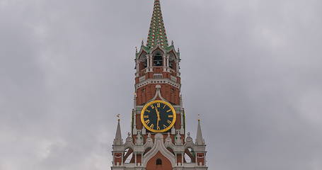 Image showing Moscow Kremlin Main Clock named Kuranti on Spasskaya Tower 12 hours . Red Square.