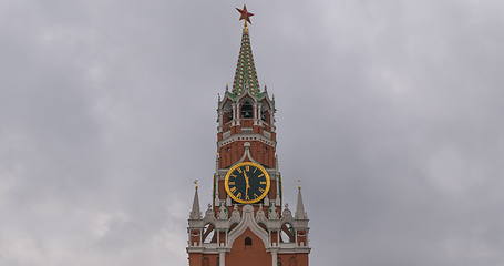 Image showing Moscow Kremlin Main Clock named Kuranti on Spasskaya Tower 12 hours . Red Square.