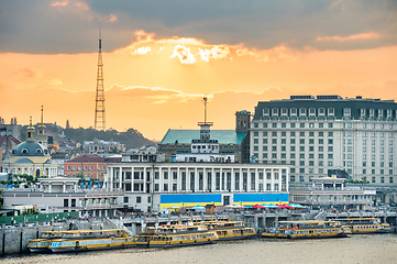 Image showing Kyiv skyline with embankment at sunset