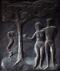 Image showing Adam and Eve, Illustrations of stories from the Bible on doors Basilica of the Annunciation in Nazareth