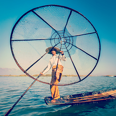 Image showing Traditional Burmese fisherman at Inle lake Myanmar