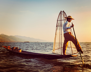 Image showing Traditional Burmese fisherman at Inle lake Myanmar