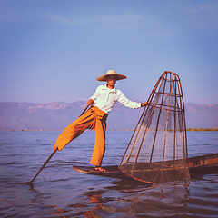 Image showing Traditional Burmese fisherman at Inle lake Myanmar