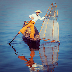 Image showing Traditional Burmese fisherman at Inle lake Myanmar