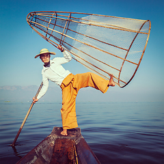 Image showing Traditional Burmese fisherman at Inle lake Myanmar