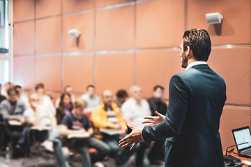 Image showing Speaker at Business Conference with Public Presentations. Audience at the conference hall. Entrepreneurship club. Rear view. Horisontal composition. Background blur