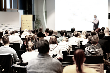 Image showing Business speaker giving a talk at business conference event.