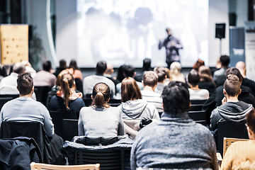 Image showing Business speaker giving a talk at business conference event.