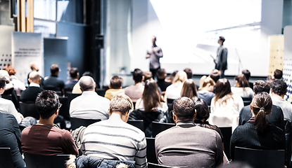 Image showing Business speaker giving a talk at business conference event.