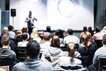 Image showing Business speaker giving a talk at business conference event.