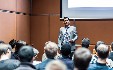 Image showing Business speaker giving a talk at business conference meeting event.