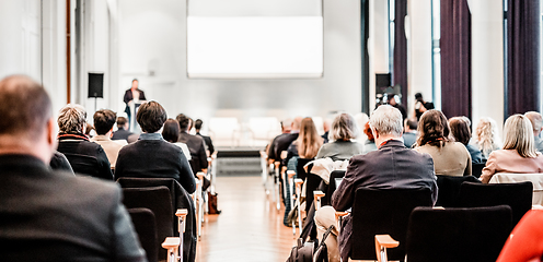 Image showing Speaker giving a talk in conference hall at business event. Rear view of unrecognizable people in audience at the conference hall. Business and entrepreneurship concept.