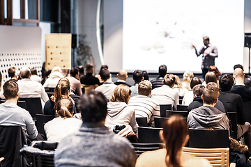 Image showing Business speaker giving a talk at business conference event.