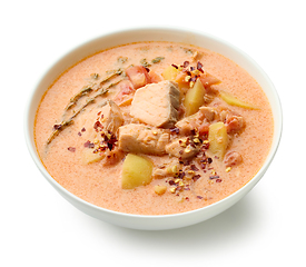 Image showing bowl of salmon and tomato soup