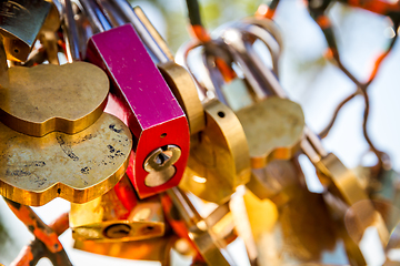 Image showing Padlocks symbols of love hanging on a fence