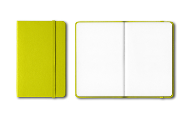 Image showing Lime green closed and open notebooks isolated on white