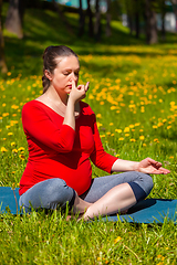 Image showing Pregnant woman doing pranayama breath exercise outdoors
