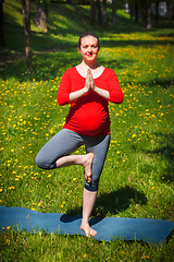 Image showing Pregnant woman doing asana vrikshasana outdoors