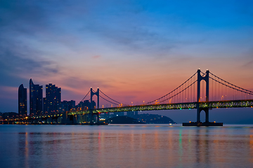 Image showing Gwangan Bridge on sunrise. Busan, South Korea