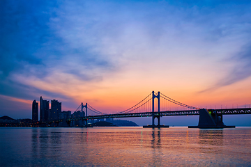 Image showing Gwangan Bridge on sunrise. Busan, South Korea