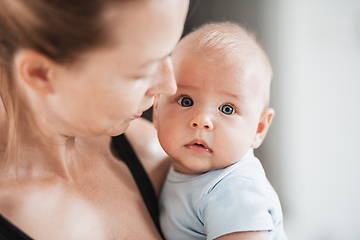 Image showing Portrait of sweet baby resting in mothers arms, looking at camera. New mom holding and cuddling little kid, embracing child with tenderness, love, care. Motherhood concept