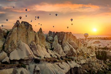 Image showing Air balloons over rocks