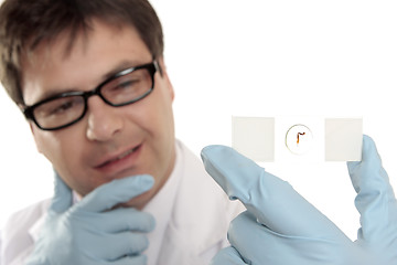 Image showing Scientist thinking over a microscope slide