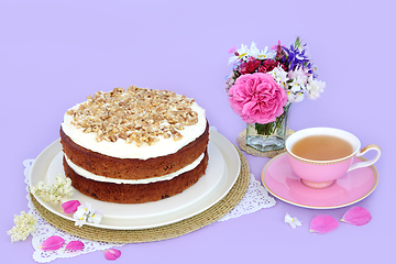 Image showing Carrot and Walnut Cake with Cup of Tea