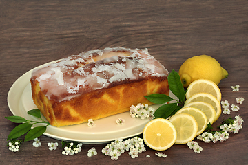 Image showing Lemon Cake with Fruit and Hawthorn Blossom Flowers