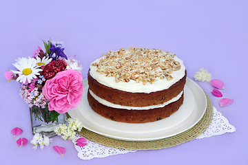 Image showing Carrot and Walnut Cake with Summer Flowers