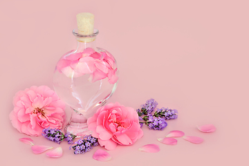 Image showing Rose and Lavender Flower Perfume in Heart Shaped Bottle