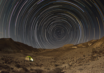 Image showing Startrails and tent in Negev desert