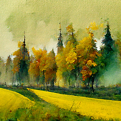 Image showing Autumn forest landscape. Colorful watercolor painting of fall se