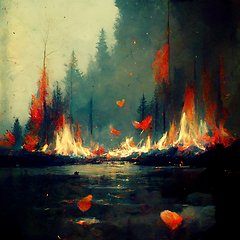 Image showing Burning forest spruces in fire flames, nature disaster concept  