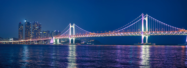 Image showing Gwangan Bridge and skyscrapers in the night. Busan, South Korea