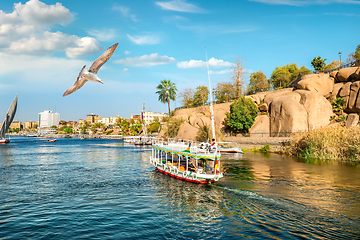 Image showing Boats at sunset in Aswan