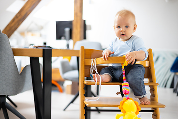 Image showing Happy infant sitting and playing with his toy in traditional scandinavian designer wooden high chair in modern bright atic home. Cute baby.