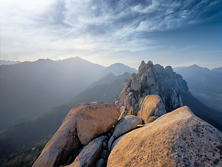 Image showing View from Ulsanbawi rock peak on sunset. Seoraksan National Park, South Corea