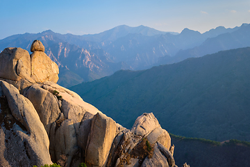 Image showing View from Ulsanbawi rock peak on sunset. Seoraksan National Park, South Corea